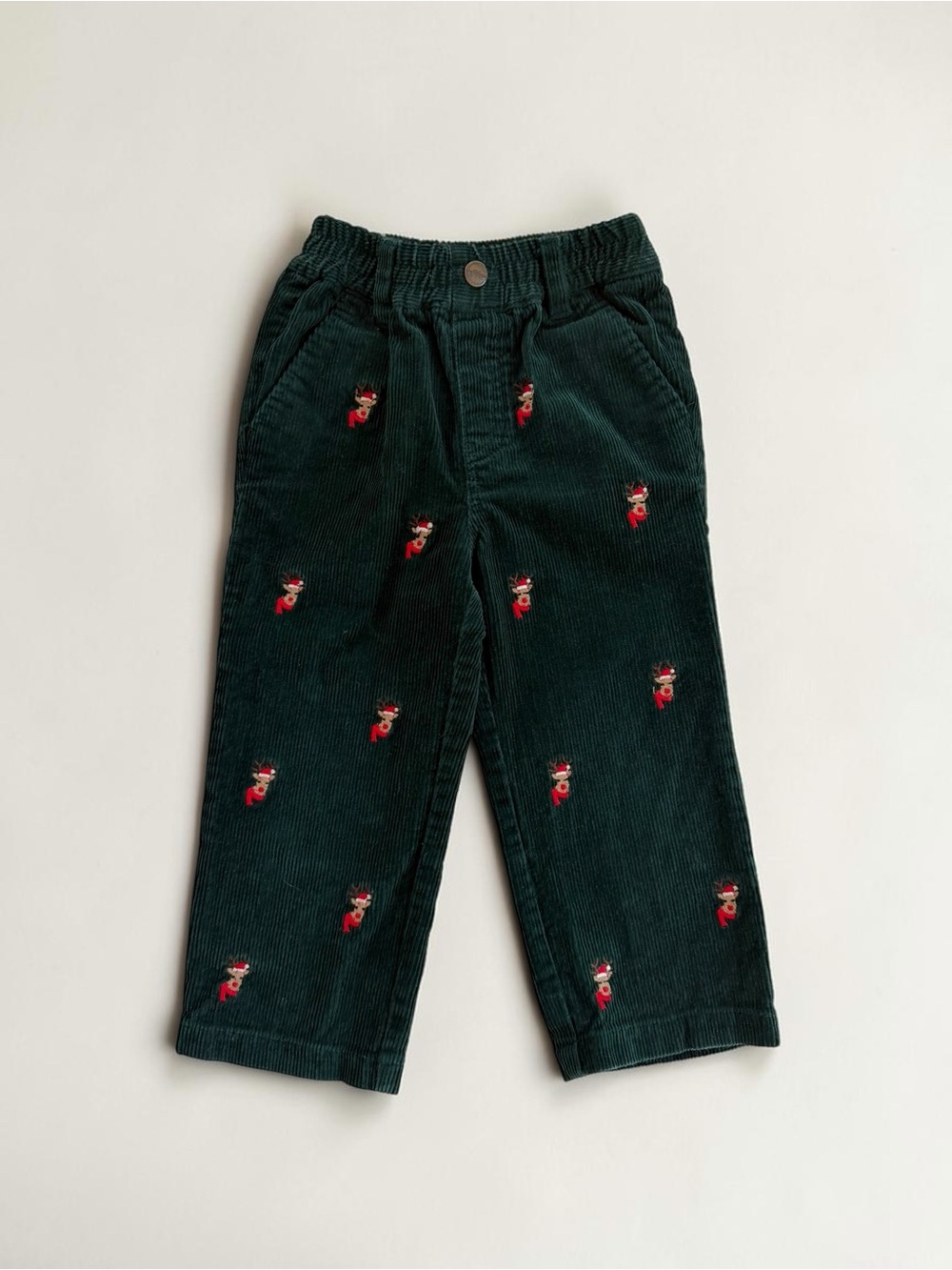 E LAND EUC Classic Embroidered Reindeer Corduroy Elastic Waist Christmas Pants